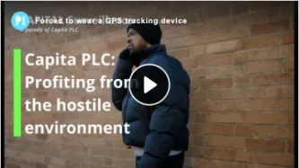 Screenshot of a video Text reads Capita PLC: Profiting from the hostile enviroment, echoing Capita's logo